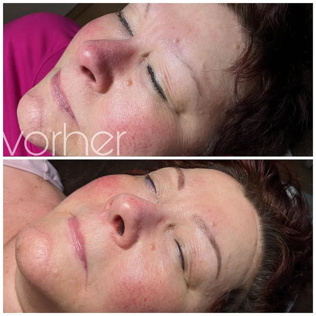 Vorher-Nachher Powderbrows – sanfte Schattierung mit definierter Form.